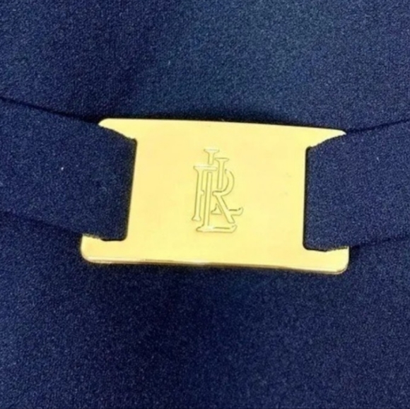 Ralph Lauren Navy Fit and Flare Halter V-neck Midi Dres Gold Signature Buckle - Picture 5 of 8